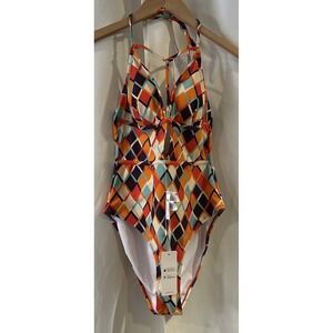 Cupshe‎ Swimsuit Womens M One Piece Diamond Geometric Multicolor Halter Beach